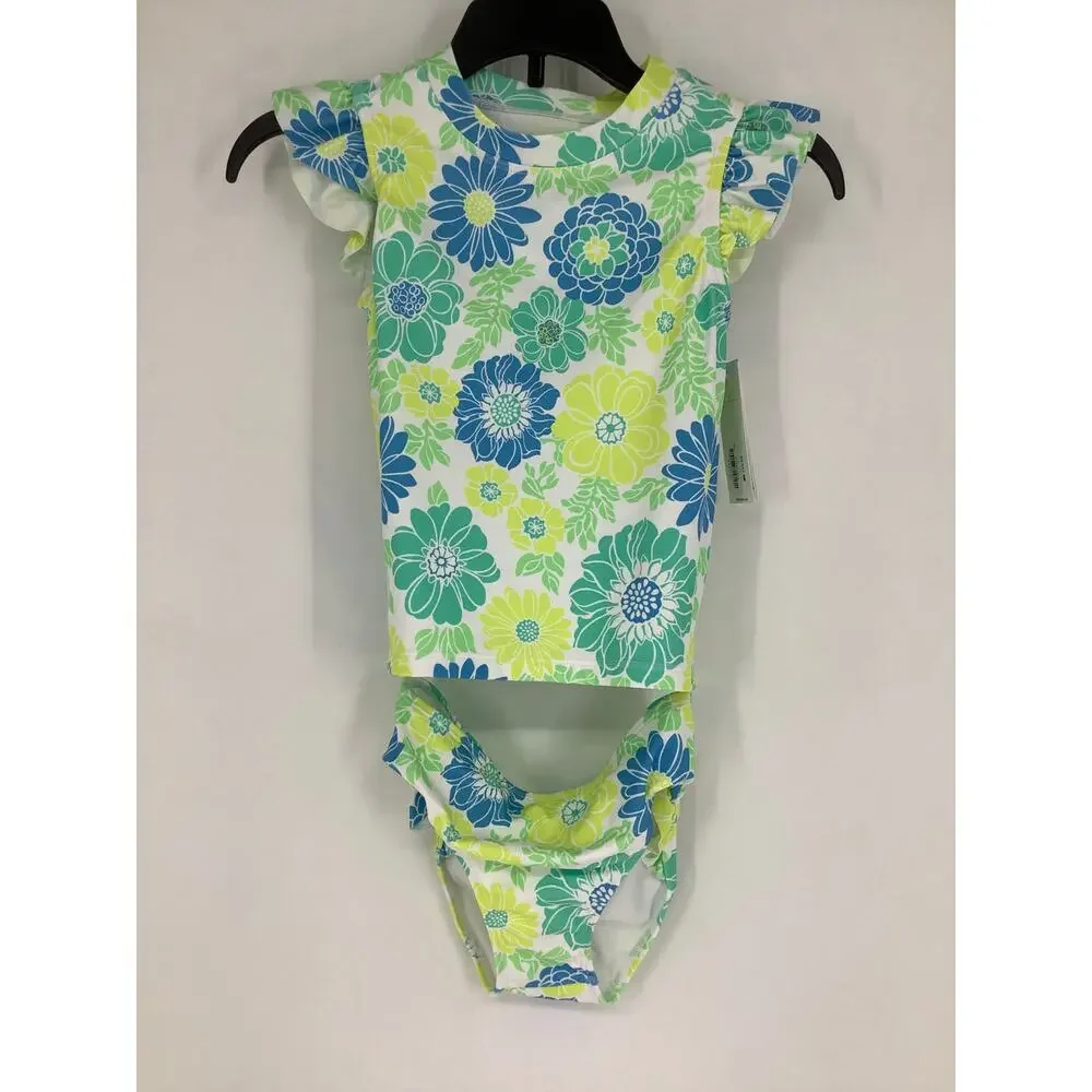 Janie and Jack Girl's 6 Bright Green Floral Ruffle Rashguard Swimsuit Set K17-2
